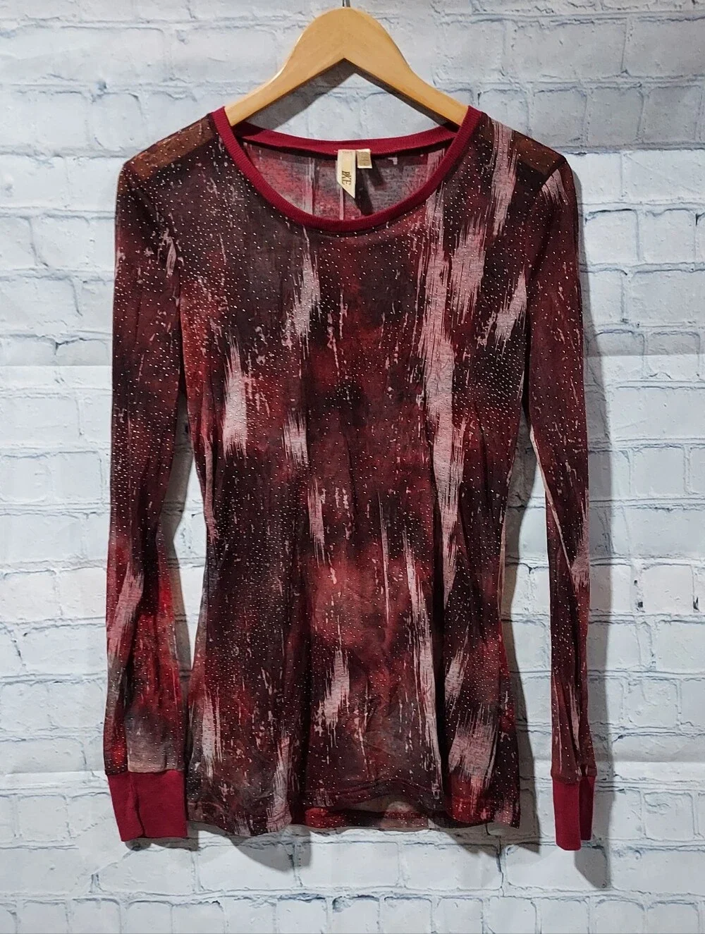 BKE L Red Sheer Top Studded Crew Neck Long Sleeve Gothic Vampire Biker Rocker